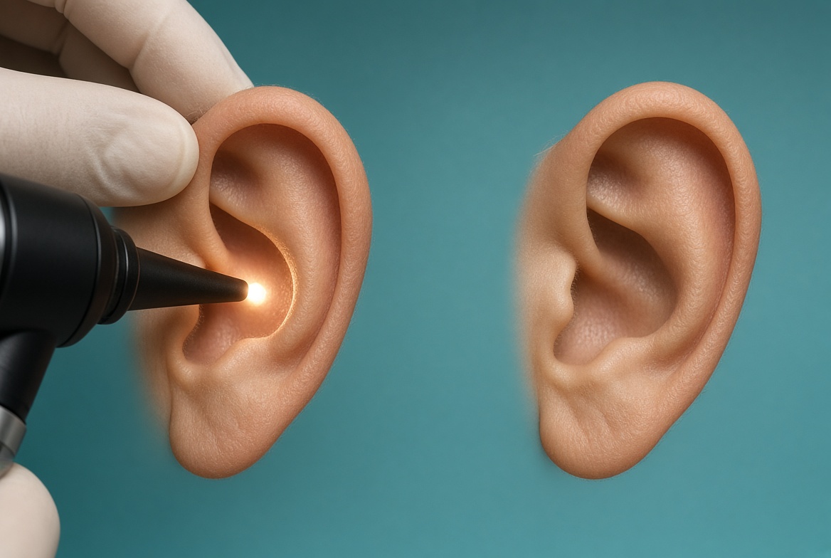 Otoscope light examining one ear beside a clear ear