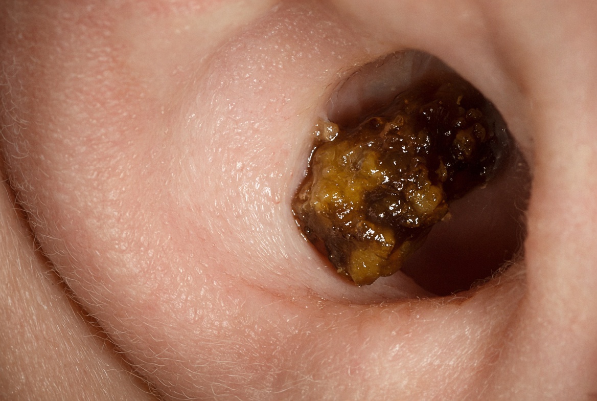 Close-up of impacted earwax blocking the ear canal