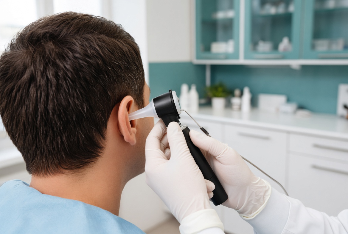 Clinician examining an ear with an otoscope before microsuction earwax removal